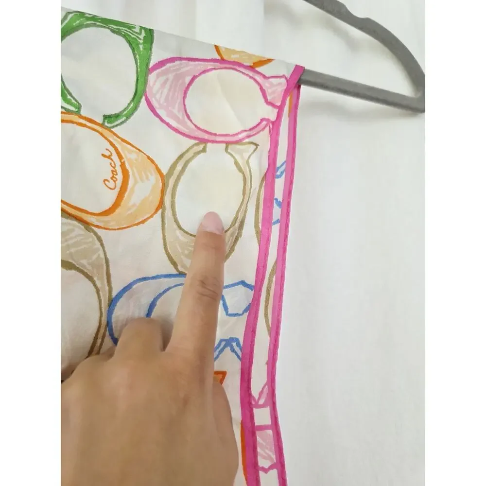 COACH Scarf Signature Rainbow Silk Satin Scarf 58 x 10 Pink Blue White Vtg 90's